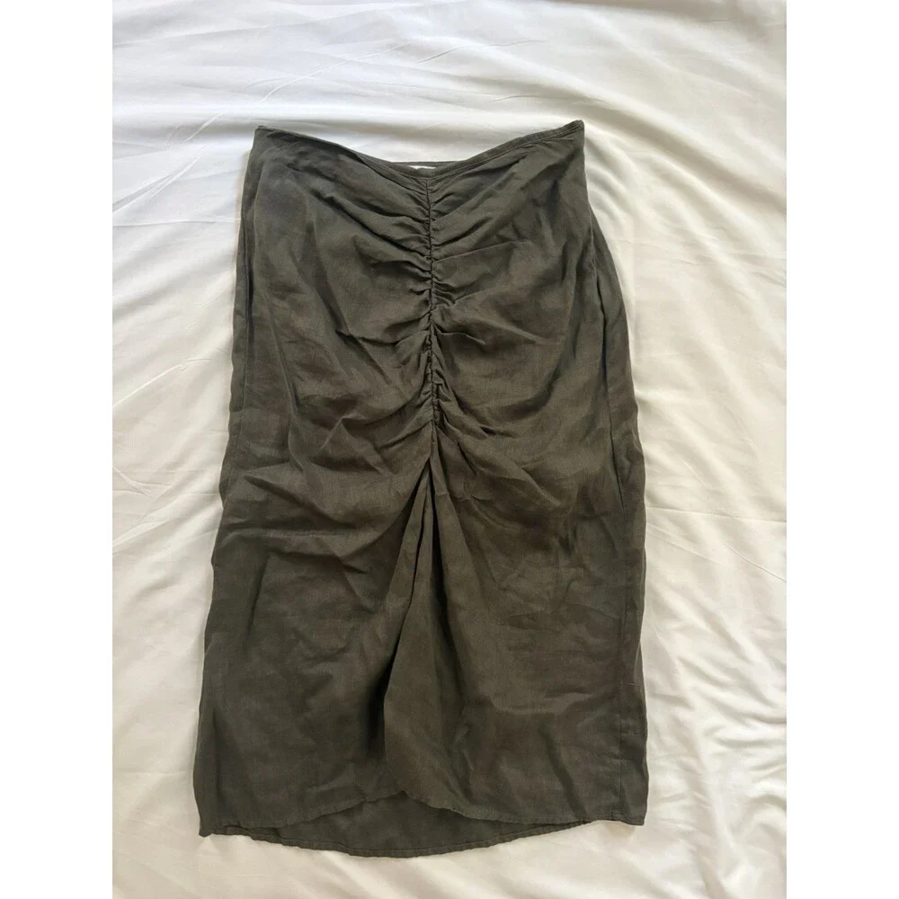 Stateside Linen Ruched Front Slit Skirt in Army Green Knee Length Size US XS